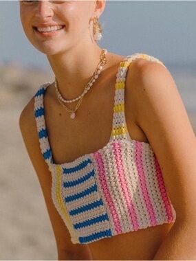 ZARA Crocheted Striped Crop Top in Blue, Pink Yellow Cream SMALL